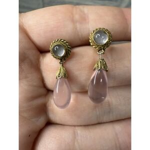 Vintage Pink Quarts Cabochon Tear Drop Gold Tone Studs Dangle Earrings Filigree